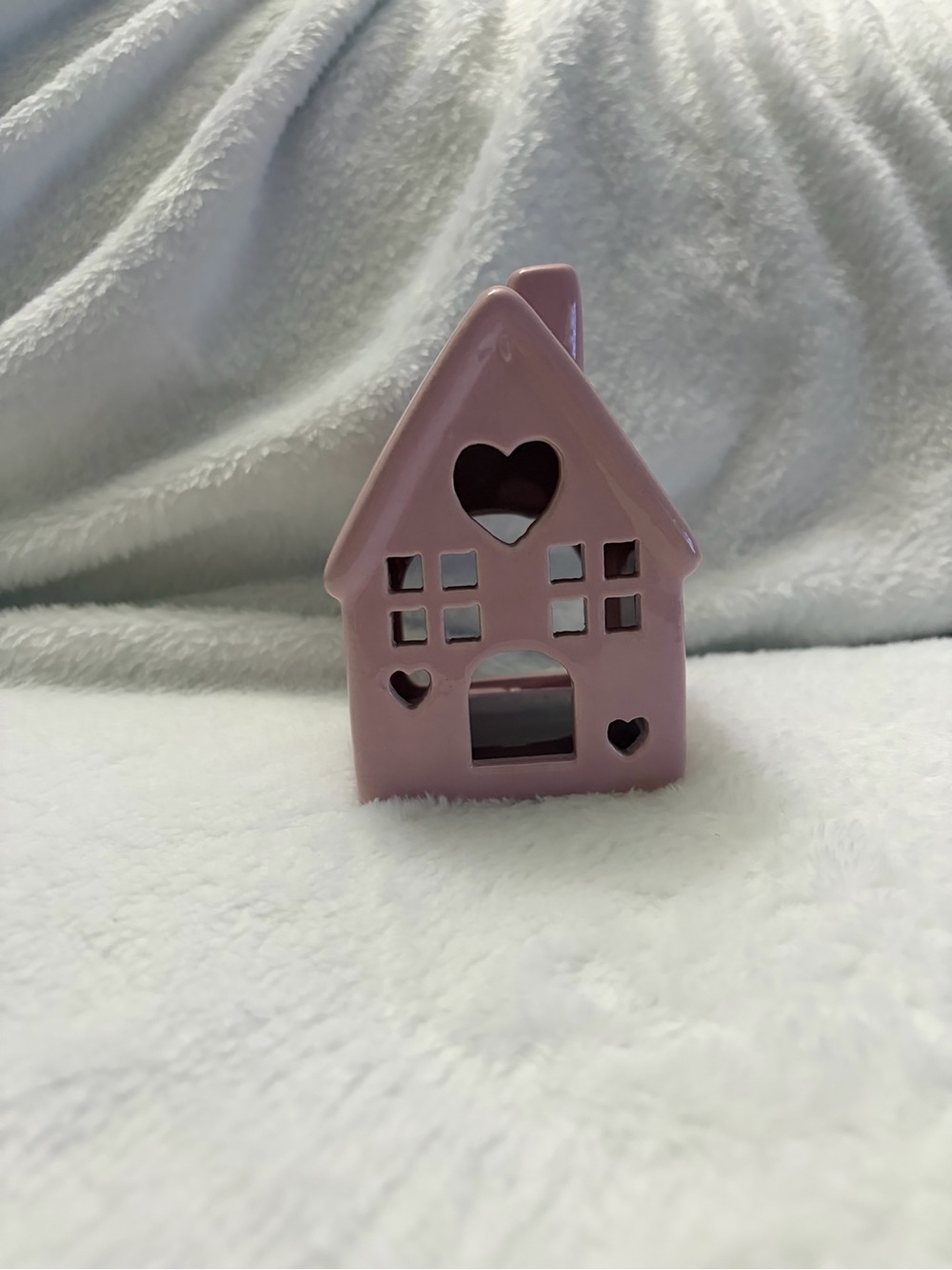 Pink Ceramic House Tea Light Candle Holder Heart Cutout Cottage Decor